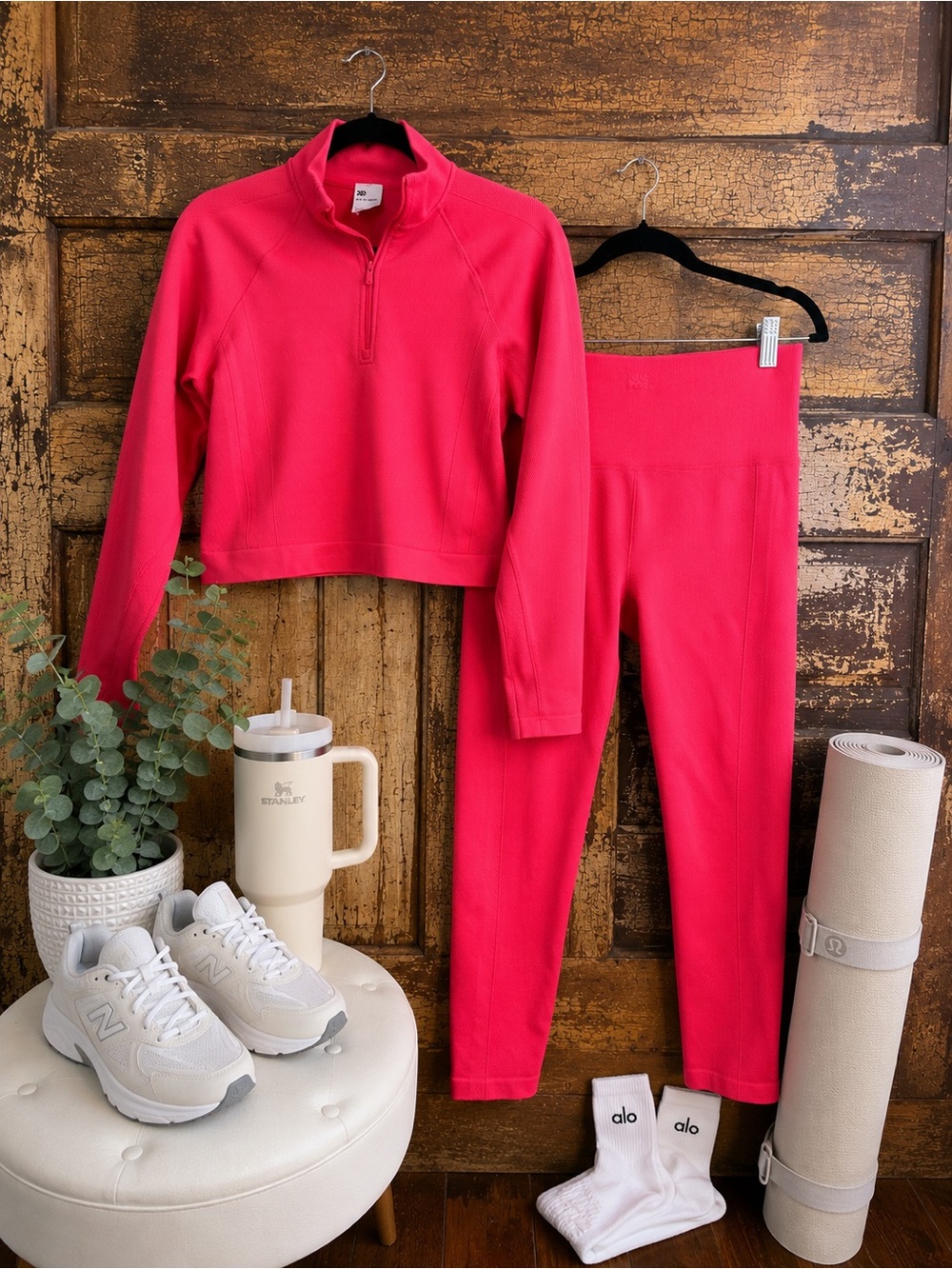 JoyLab Activewear Set | Quarter Zip Pullover & High Rise Leggings | Red | Size L
